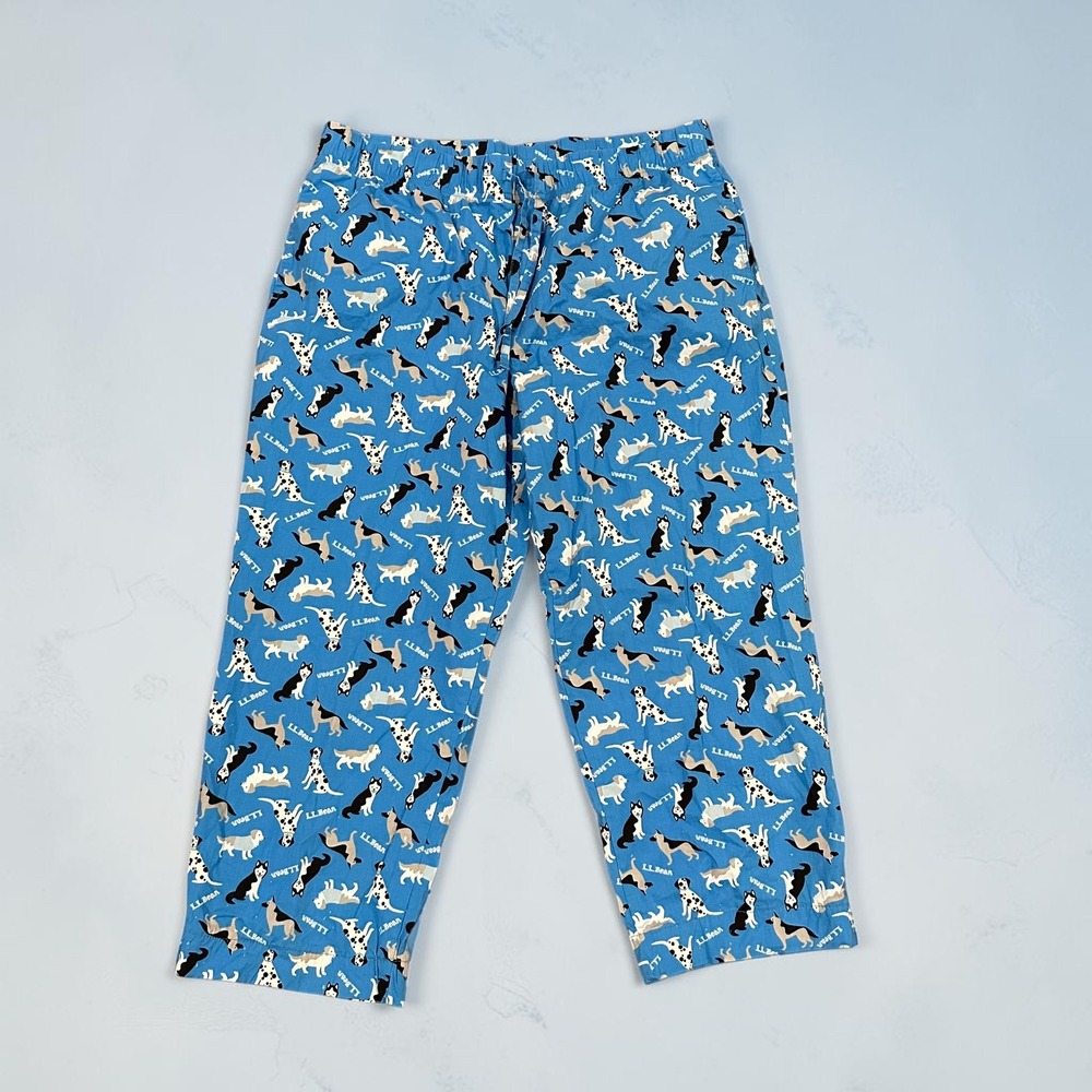 LL Bean Dog Print Pajama Pants XL Blue Cotton Spandex Dalmatian Husky 513166